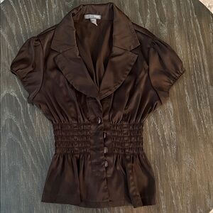 Satin Short-Sleeve Chocolate Brown Blouse with Shirred Waist
